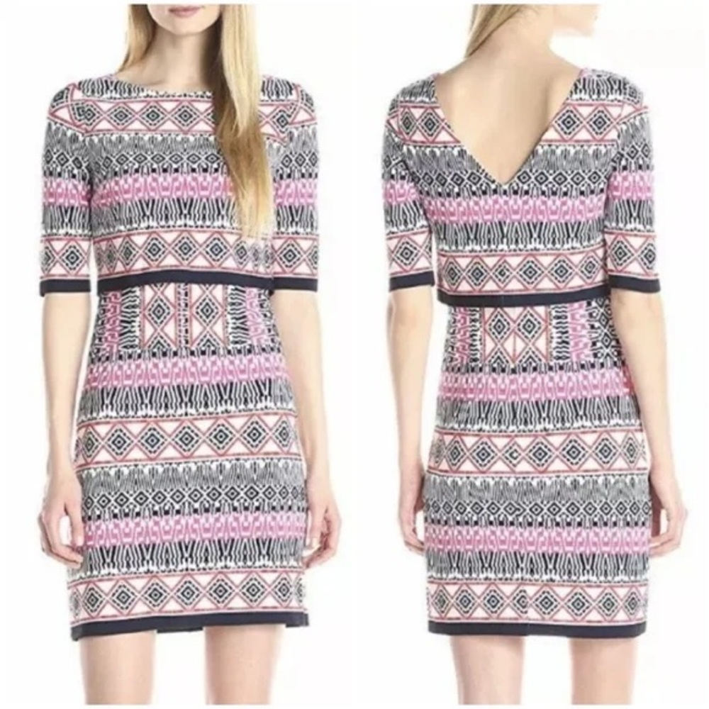 Eliza J Womens Ikat Geometric Layered Shift Dress Pink Blue V Back size 12